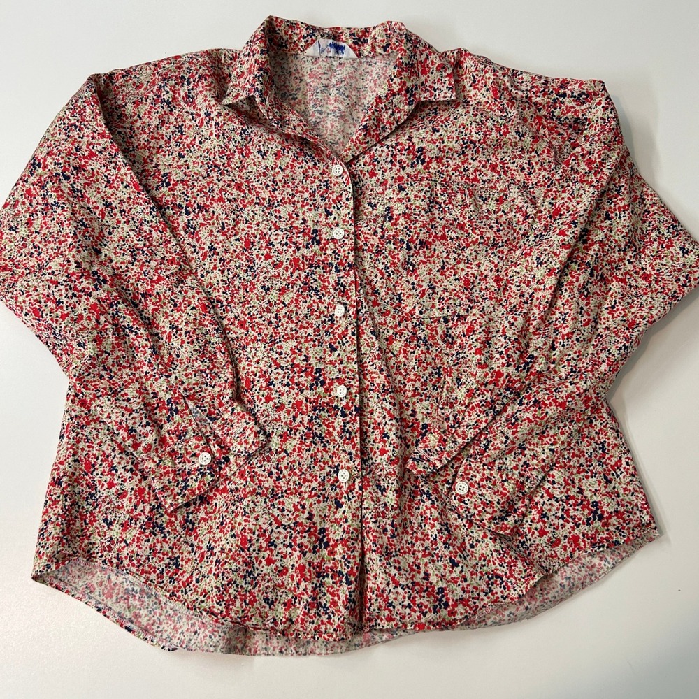 Vintage 80s Fukuzo Motomachi St Yokohama Floral Button Down Shirt Red Navy Blue